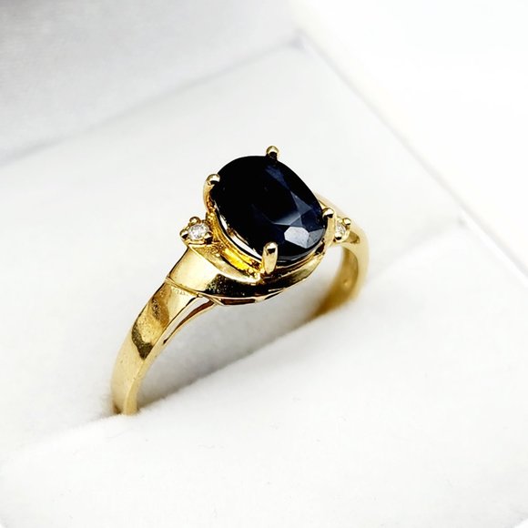 10K Yellow Gold Natural Blue Sapphire 8x6mm with Diamonds Ring - Picture 2 of 8